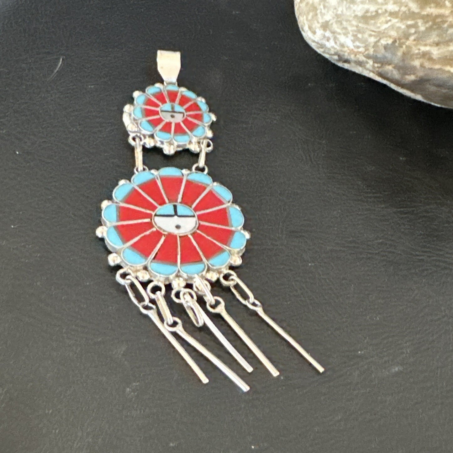 Sunface Zuni Inlay Turquoise Coral MOP Sterling Silver Pendant 3.5" 17771