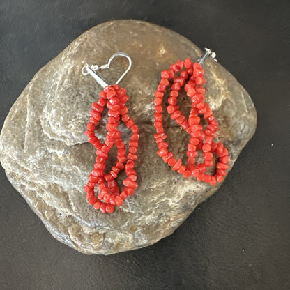 Native Red Real Coral Nugget Sterling Silver Dangle 2 Strand Earrings 2" 19347