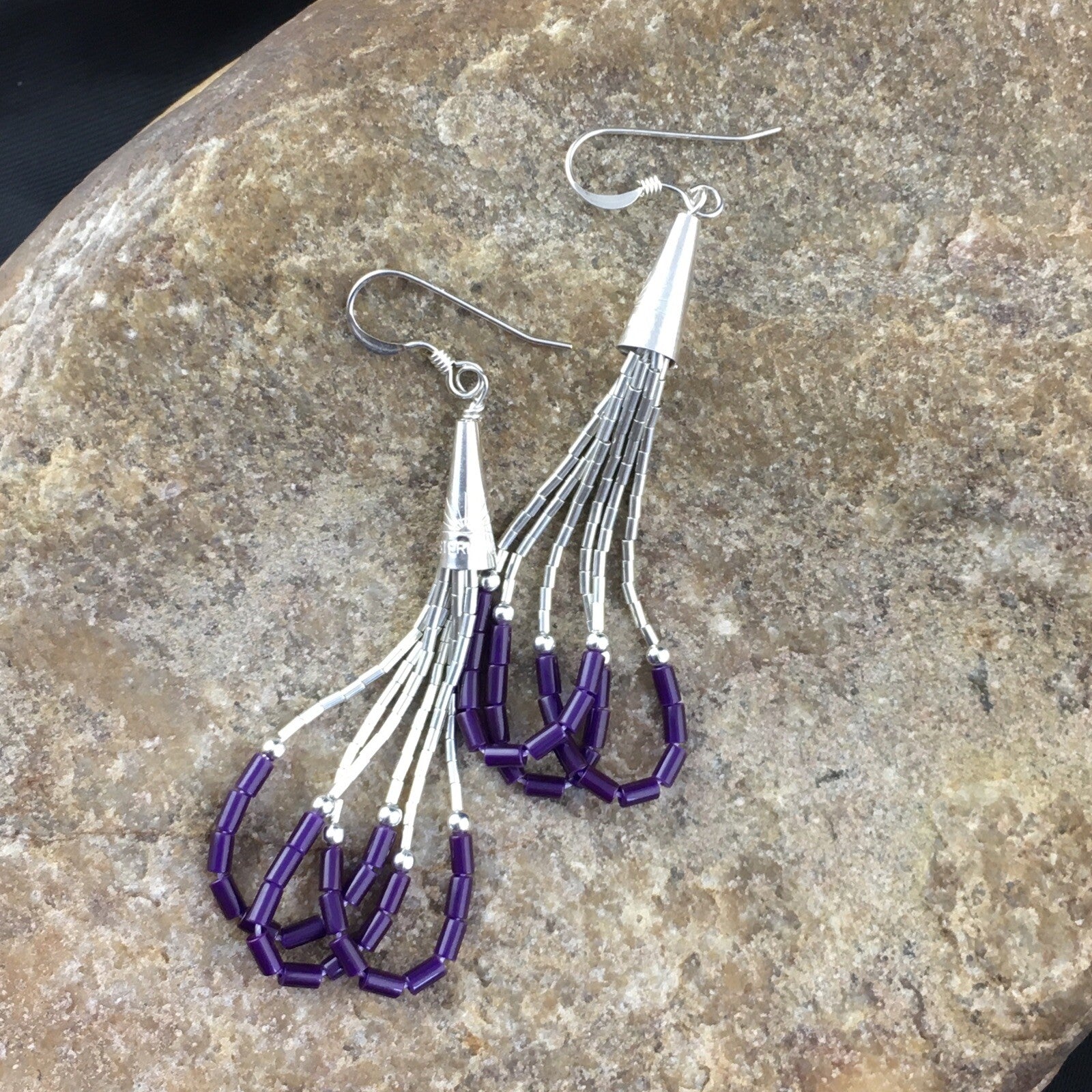 Purple Stone 3 Strands Heishi Liquid Sterling Silver Dangle Earrings 1997