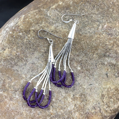 Purple Stone 3 Strands Heishi Liquid Sterling Silver Dangle Earrings 1997