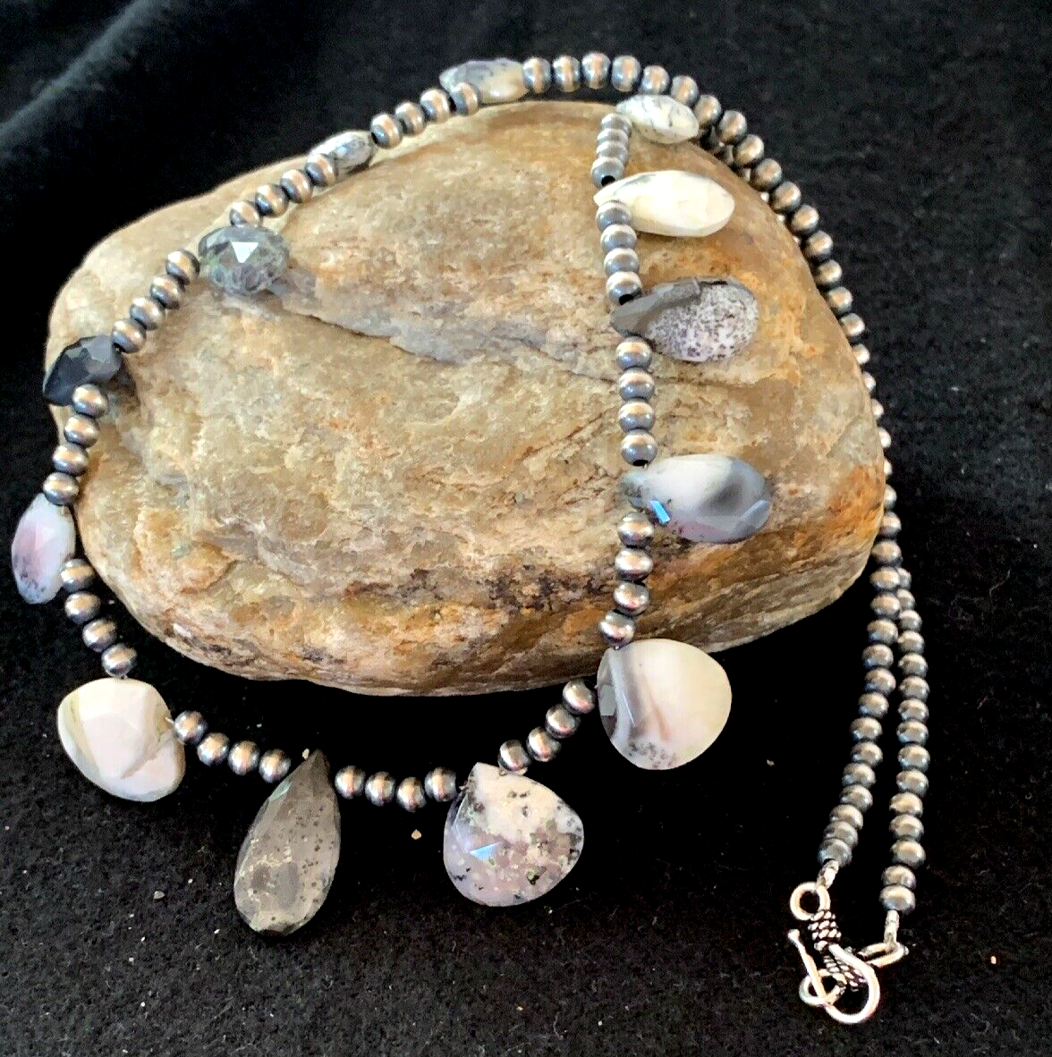 Black Rutile Opal Pear Shaped Navajo Pearls Sterling Silver Necklace 4088