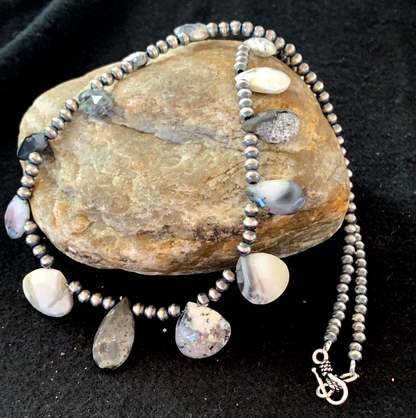 Black Rutile Opal Pear Shaped Navajo Pearls Sterling Silver Necklace 4088