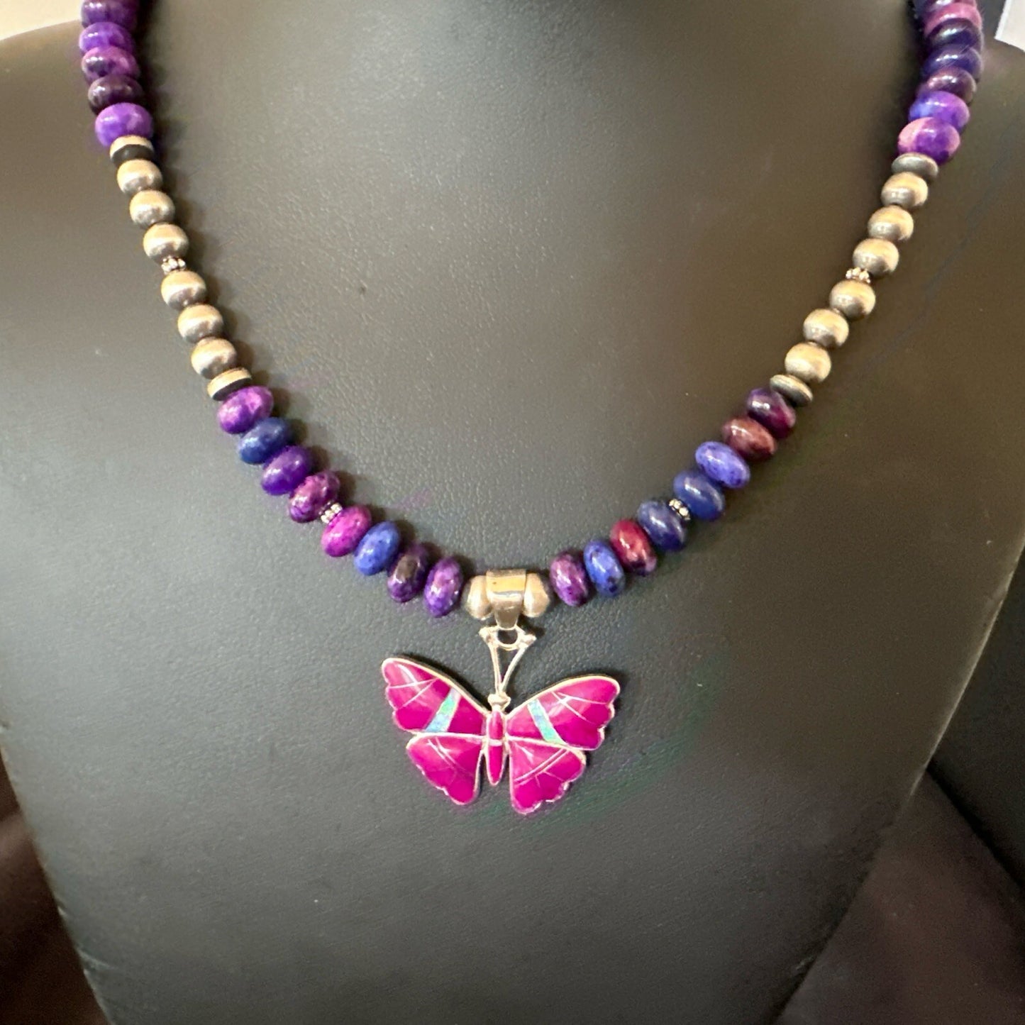 Butterfly Purple Stone Opal Pendant Navajo Sterling Silver Necklace 18732