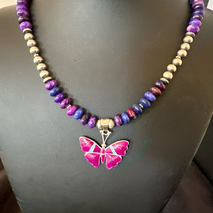 Butterfly Purple Stone Opal Pendant Navajo Sterling Silver Necklace 18732