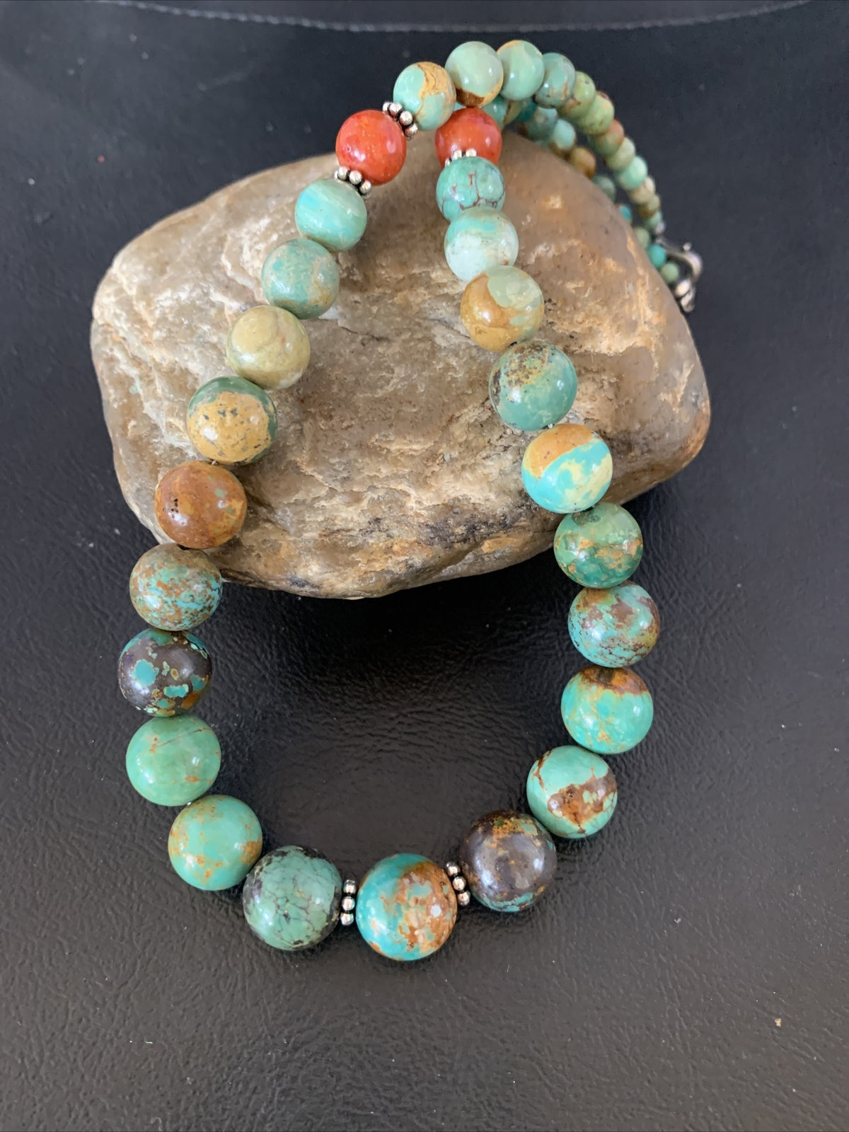 Green Turquoise Apple Coral Navajo Graduated Sterling SIlver Necklace 18" 13207N