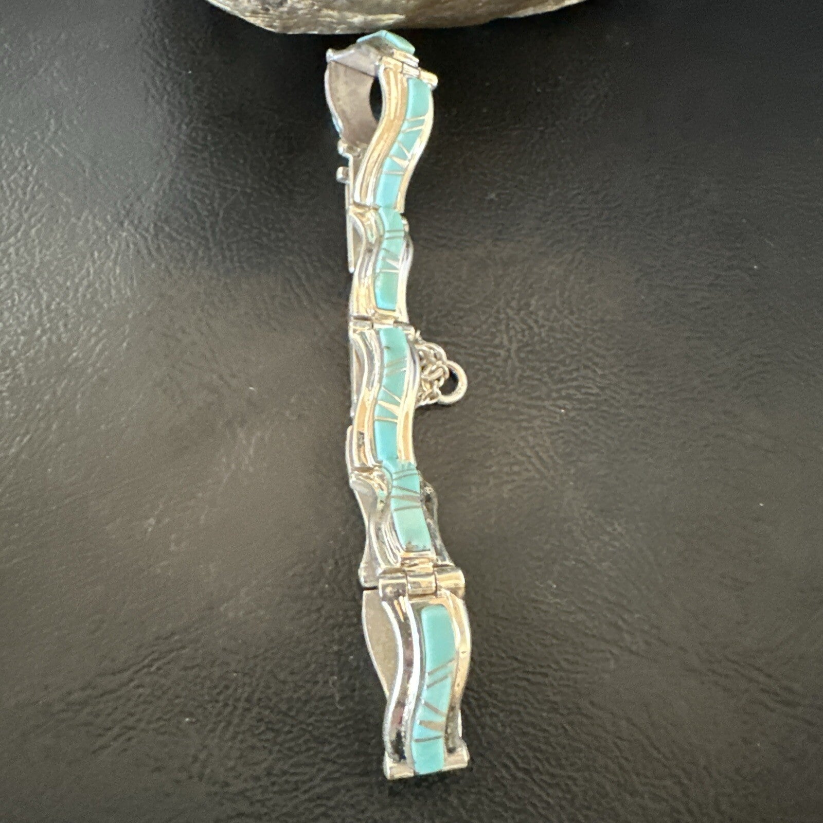 Blue Turquoise Navajo Old Pawn Sterling Silver Inlay Bracelet 8” 18132