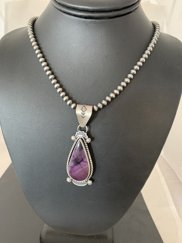 Purple Stone Pendant Navajo Pearls Necklace | Sterling Silver | Authentic Native American Handmade | 04928