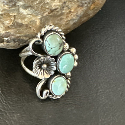 Yazzie Ring Green Turquoise Navajo Sterling Silver Cluster Size 8 19207
