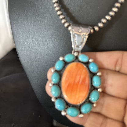 Blue Cluster Kingman Turquoise Sterling Orange Spiny Oyster Pendant 14354