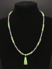 Green Gaspeite Pendant Navajo Pearls Necklace 22" | Sterling Silver | Authentic Native American Handmade | 01285