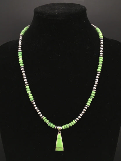 Green Gaspeite Pendant Navajo Pearls Sterling Silver Necklace 22" 01285