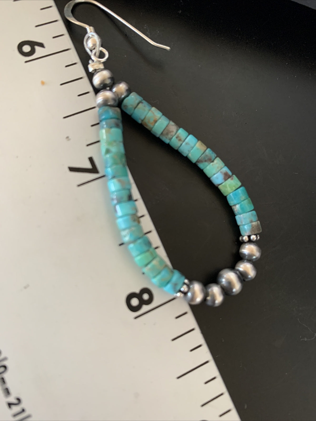 Blue Turquoise Heishi Sterling Silver Navajo Beads Earrings 2" 13043