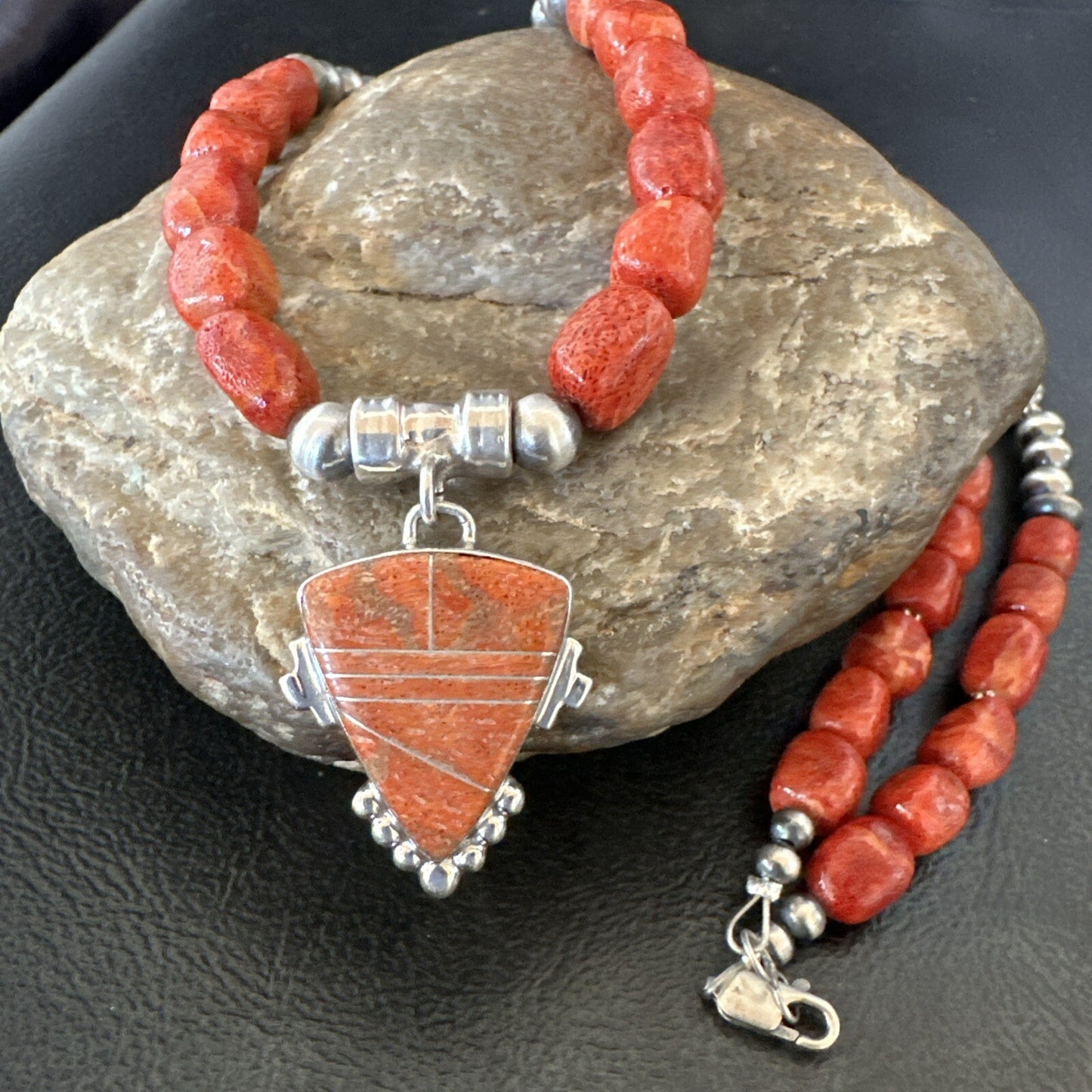 Navajo Apple Sponge Coral Sterling Silver Necklace Inlay Pendant 21” 18685
