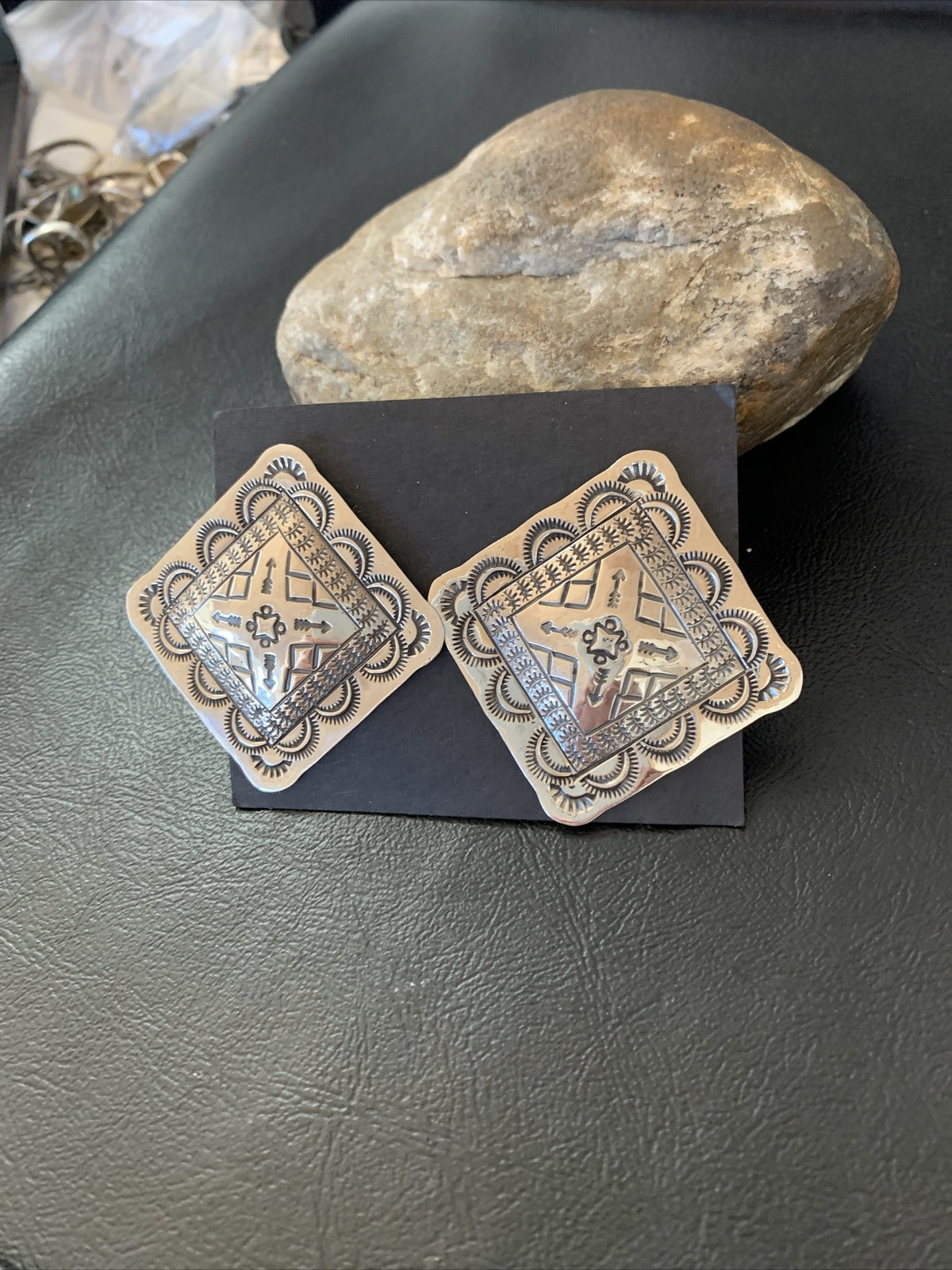 Native American Womens Navajo Sterling Silver Stamped Handmade Earrings L
