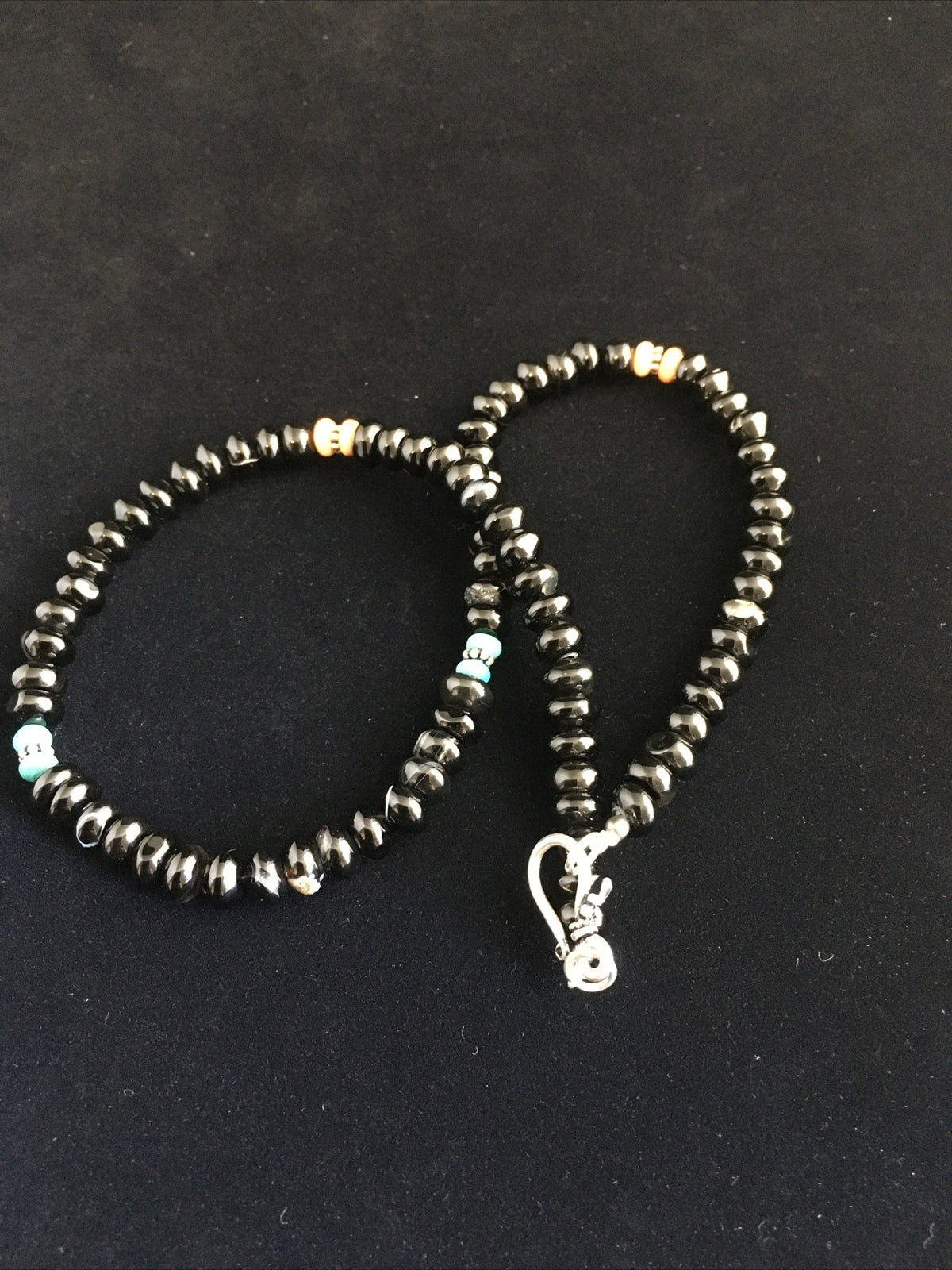 Black Onyx & Turquoise Navajo Sterling Silver Necklace 18" 10022