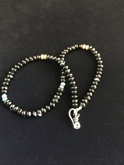 Black Onyx & Turquoise Navajo Sterling Silver Necklace 18" 10022