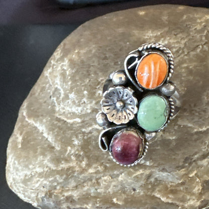 Multicolor Ring Turquoise Spiny Navajo Sterling Silver Cluster Size 9 19174