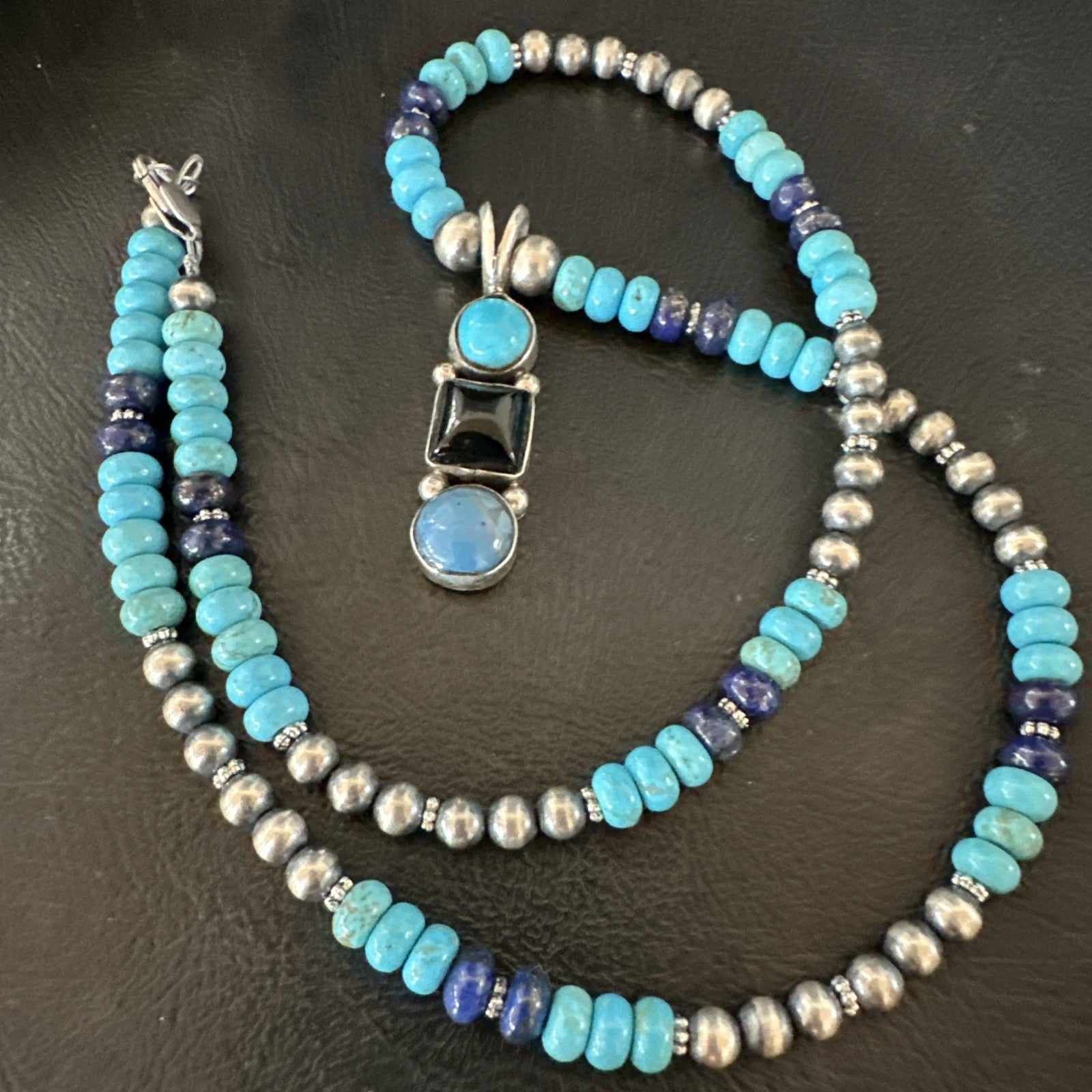 Blue Turquoise Lapis Onyx Pendant Navajo Sterling Silver Necklace 19550
