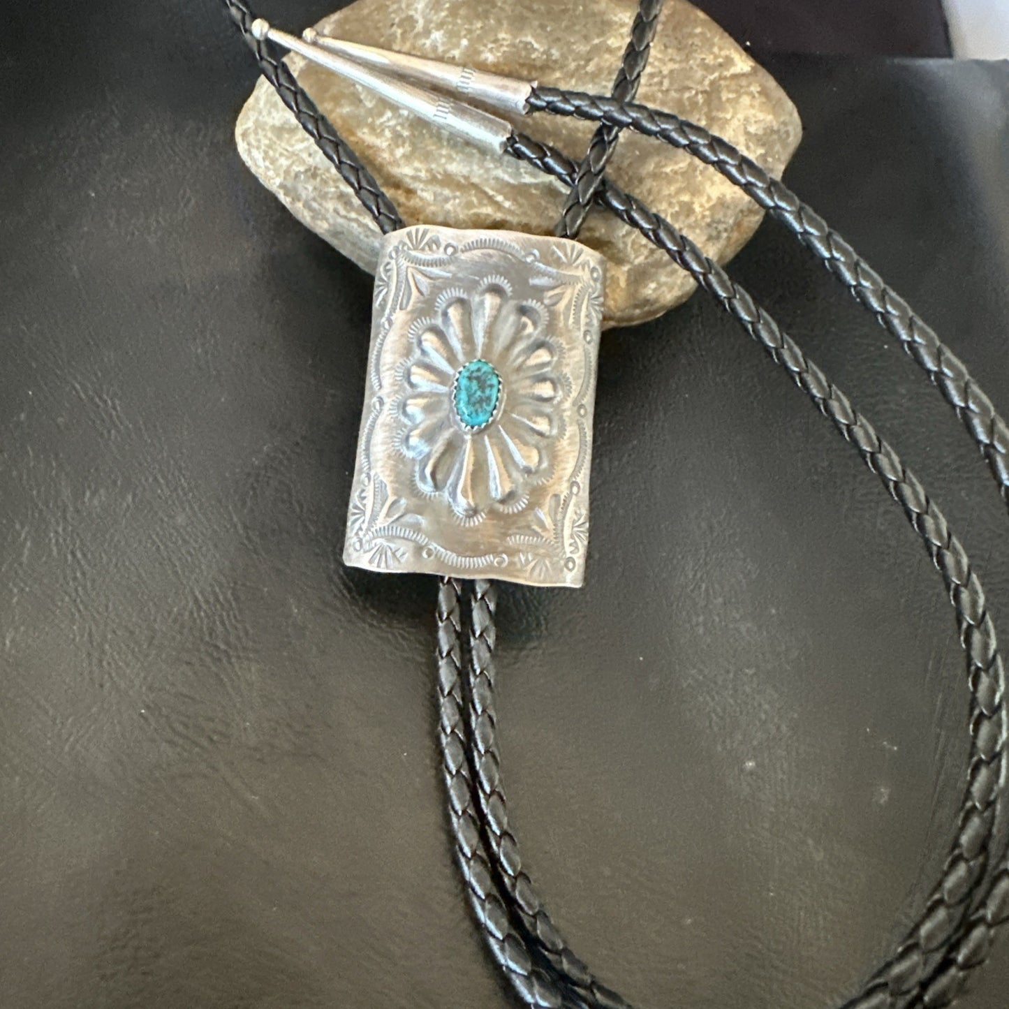 Mens Stamped Bolo Tie Blue Kingman Turquoise Navajo Sterling Silver 2” 19301