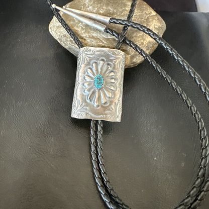 Mens Stamped Bolo Tie Blue Kingman Turquoise Navajo Sterling Silver 2” 19301