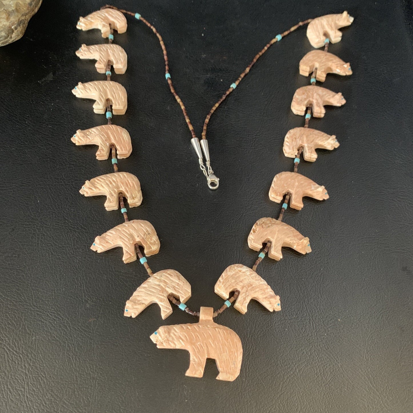 Bear Fetish Navajo Jasper Turquoise Sterling Silver Shell Necklace 28" 13419
