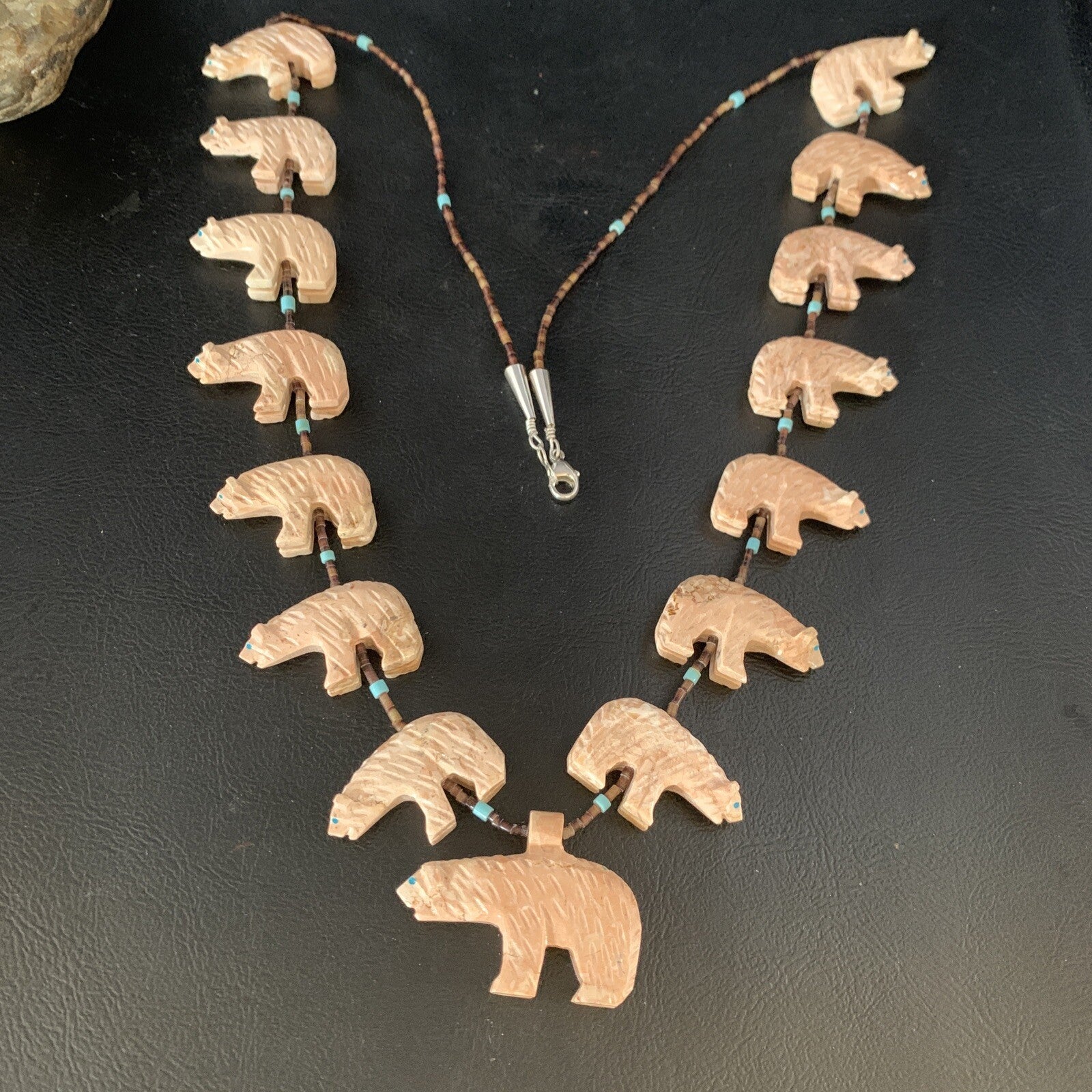 Bear Fetish Navajo Jasper Turquoise Sterling Silver Shell Necklace 28" 13419