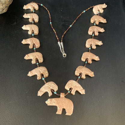 Bear Fetish Navajo Jasper Turquoise Sterling Silver Shell Necklace 28" 13419