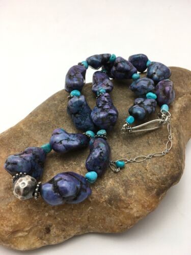 Navajo Turquoise & Magnesite Nugget Necklace Sterling Silver 19" 4514