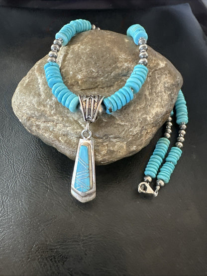 Blue Turquoise Inlay Pendant Navajo Sterling Silver Necklace 20" 19677