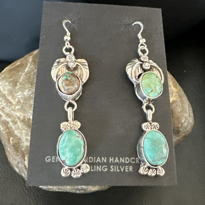 Navajo Green Turquoise Sterling Silver Dangle Earrings 2” 18043