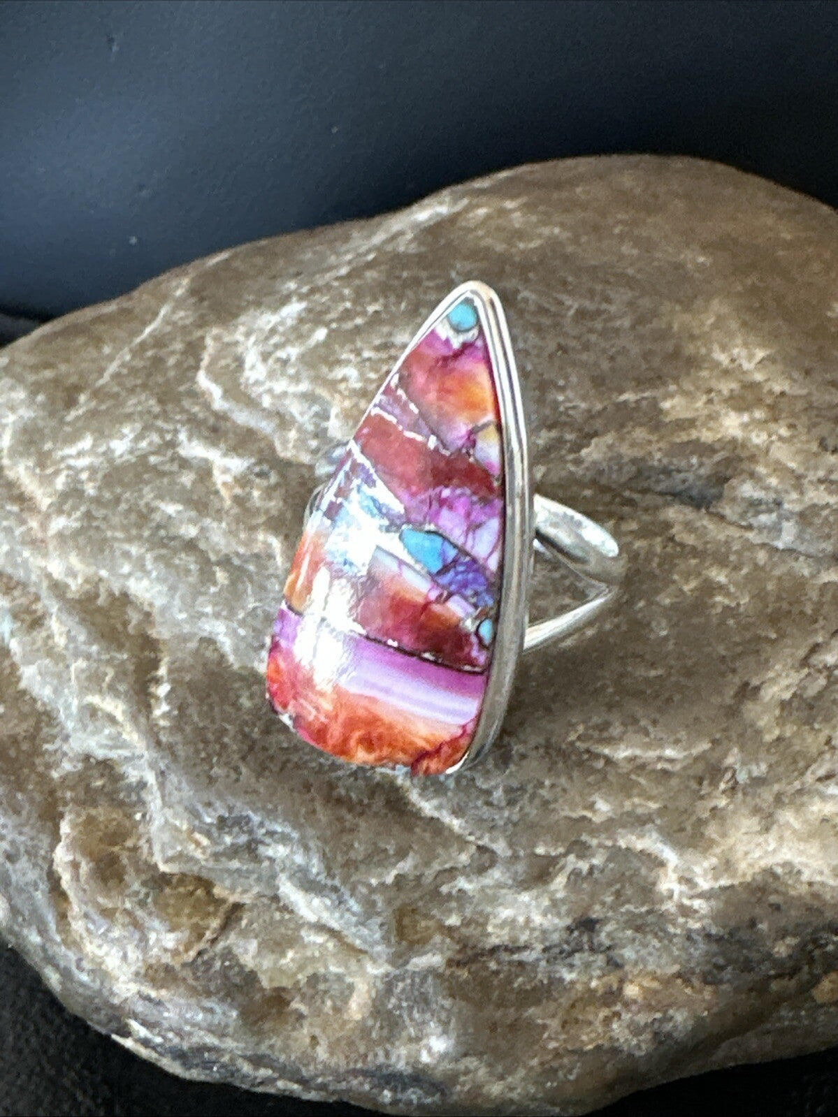 Blue Turquoise Spiny Oyster Southwestern Sterling Silver Ring Size 8.5 18545