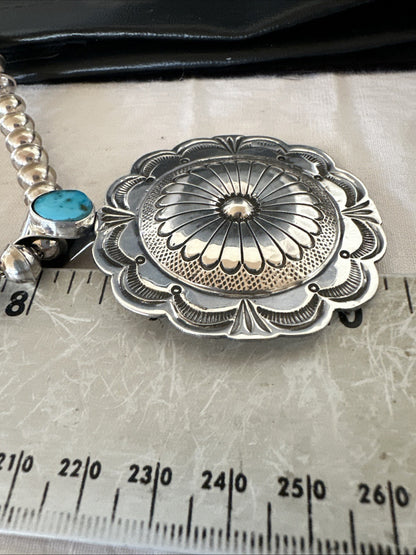 H Joe Navajo Sterling Silver Pendant Blue Kingman Turquoise Necklace 25”19443