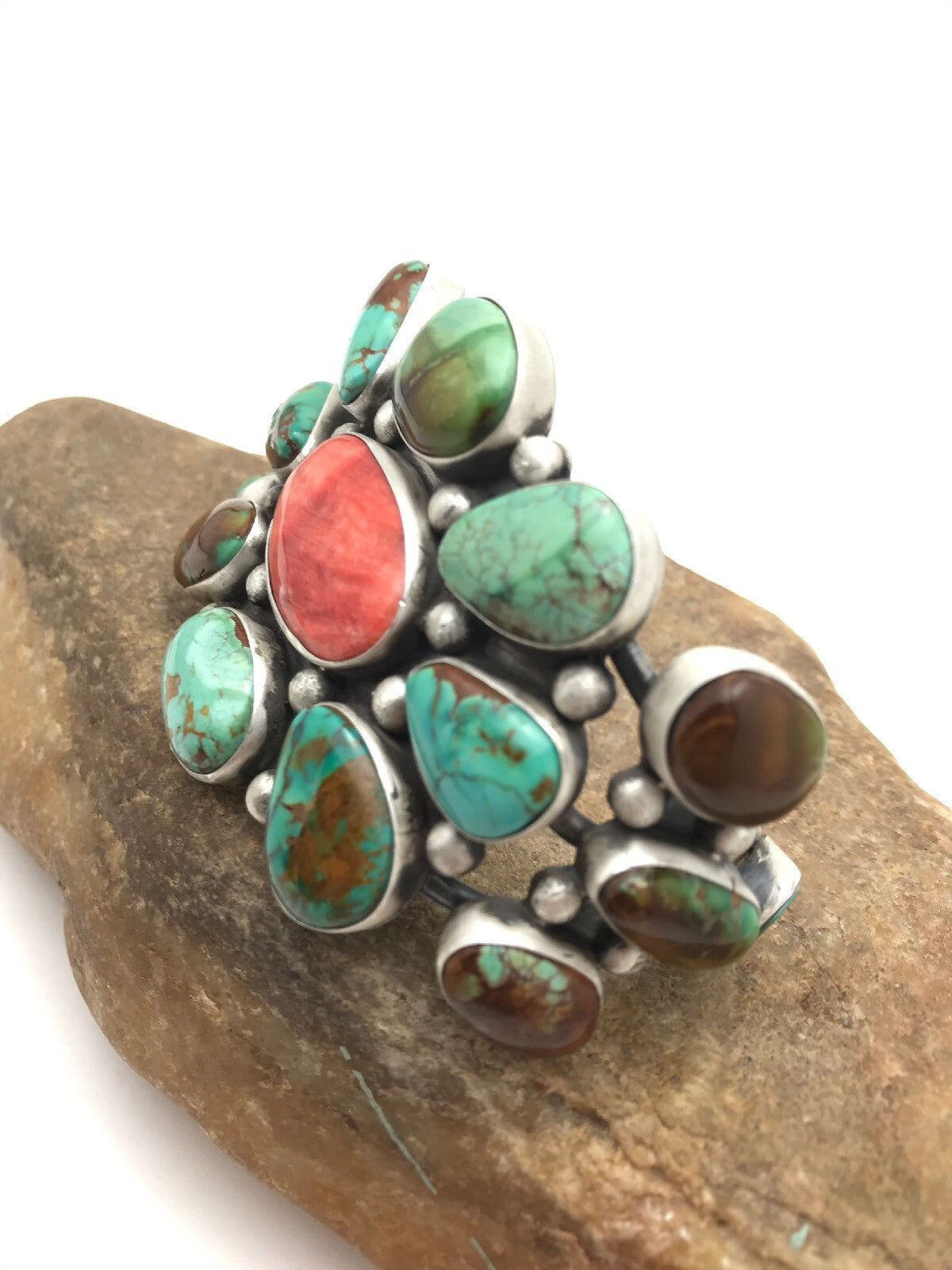 Royston Turquoise & Red Spiny Oyster Navajo Sterling Silver Bracelet 01052