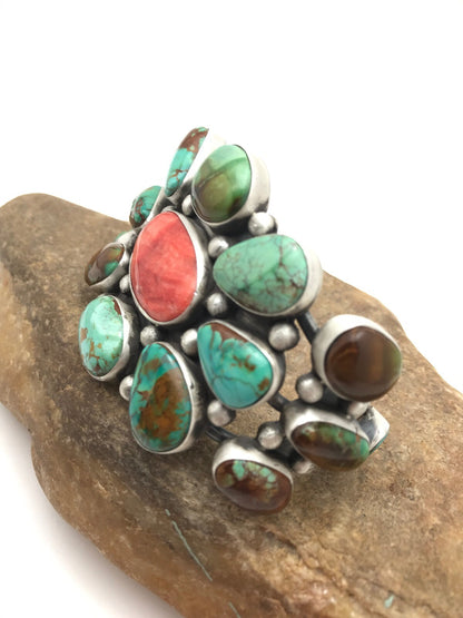 Royston Turquoise & Red Spiny Oyster Navajo Sterling Silver Bracelet 01052
