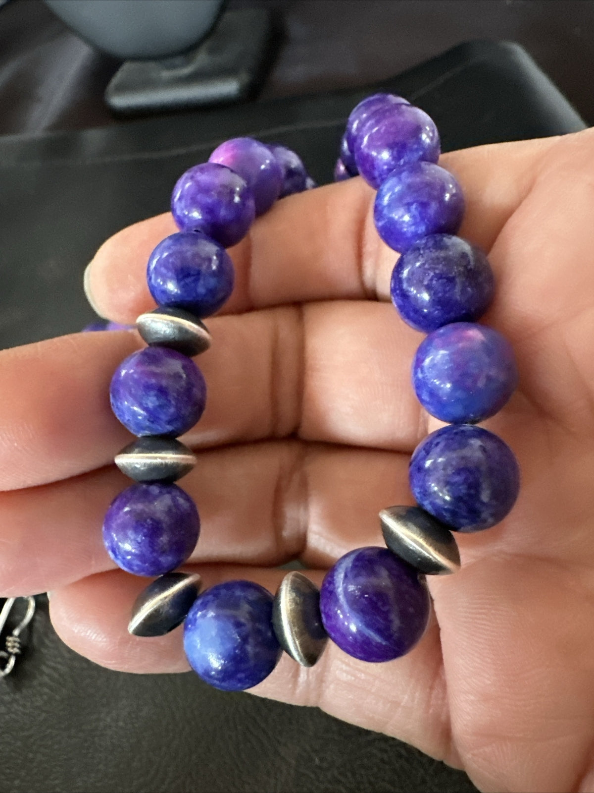 10mm Royal  Purple Stone Bead Navajo Sterling Silver Necklace 24” 17922
