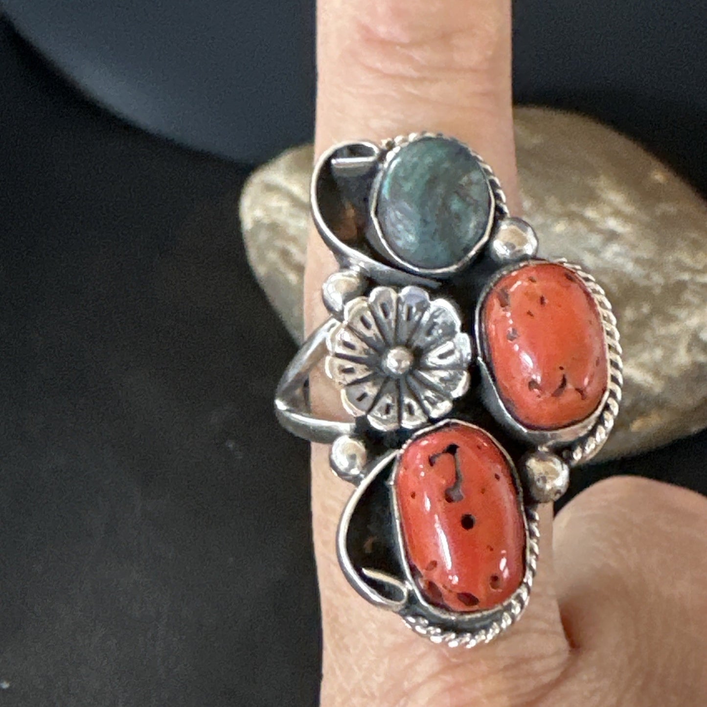 Multicolor Ring Turquoise Coral Spiny Navajo Sterling Silver Cluster 10.5 19195