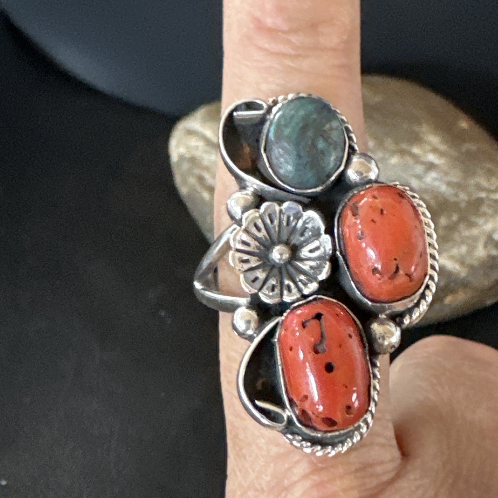 Multicolor Ring Turquoise Coral Spiny Navajo Sterling Silver Cluster 10.5 19195