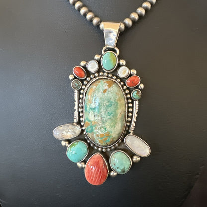 XL Royston Turquoise Spiny Cluster Pendant Navajo Sterling Silver Necklace 18750