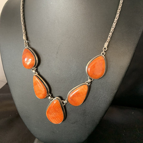 Orange Spiny Oyster Pendant Navajo Lariat Necklace 20" | Sterling Silver | Authentic Native American Handmade | 13889