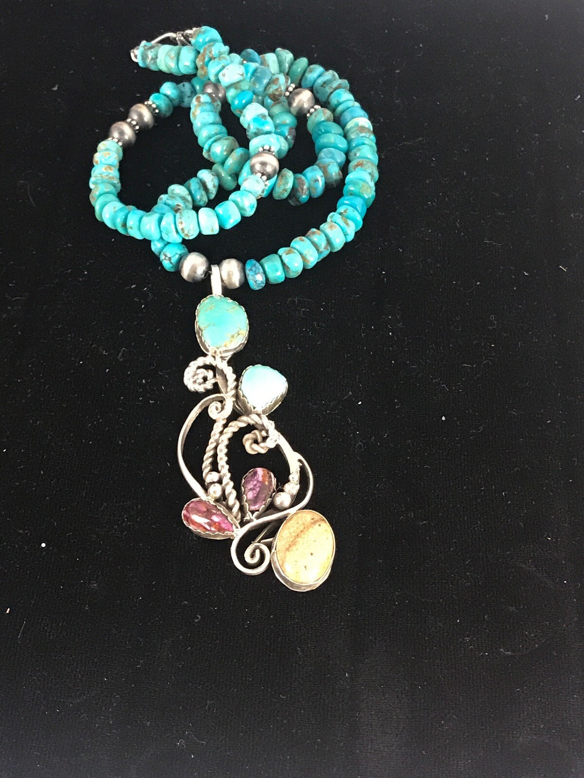 Blue Turquoise, Spiny Oyster Pendant Navajo Pearls Sterling Silver Necklace 8487