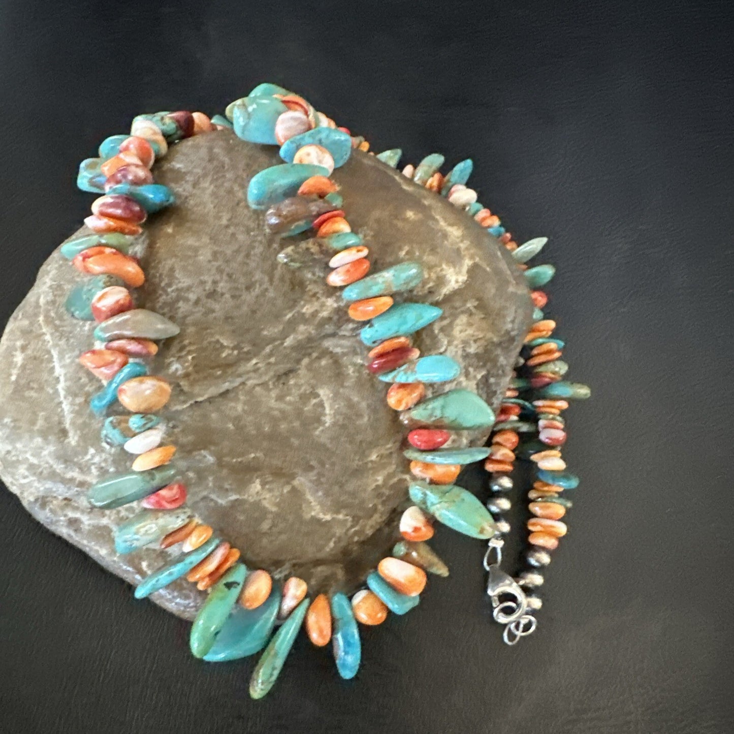 Green Turquoise Spiny Oyster Nugget Sterling Silver Necklace 18" 18092