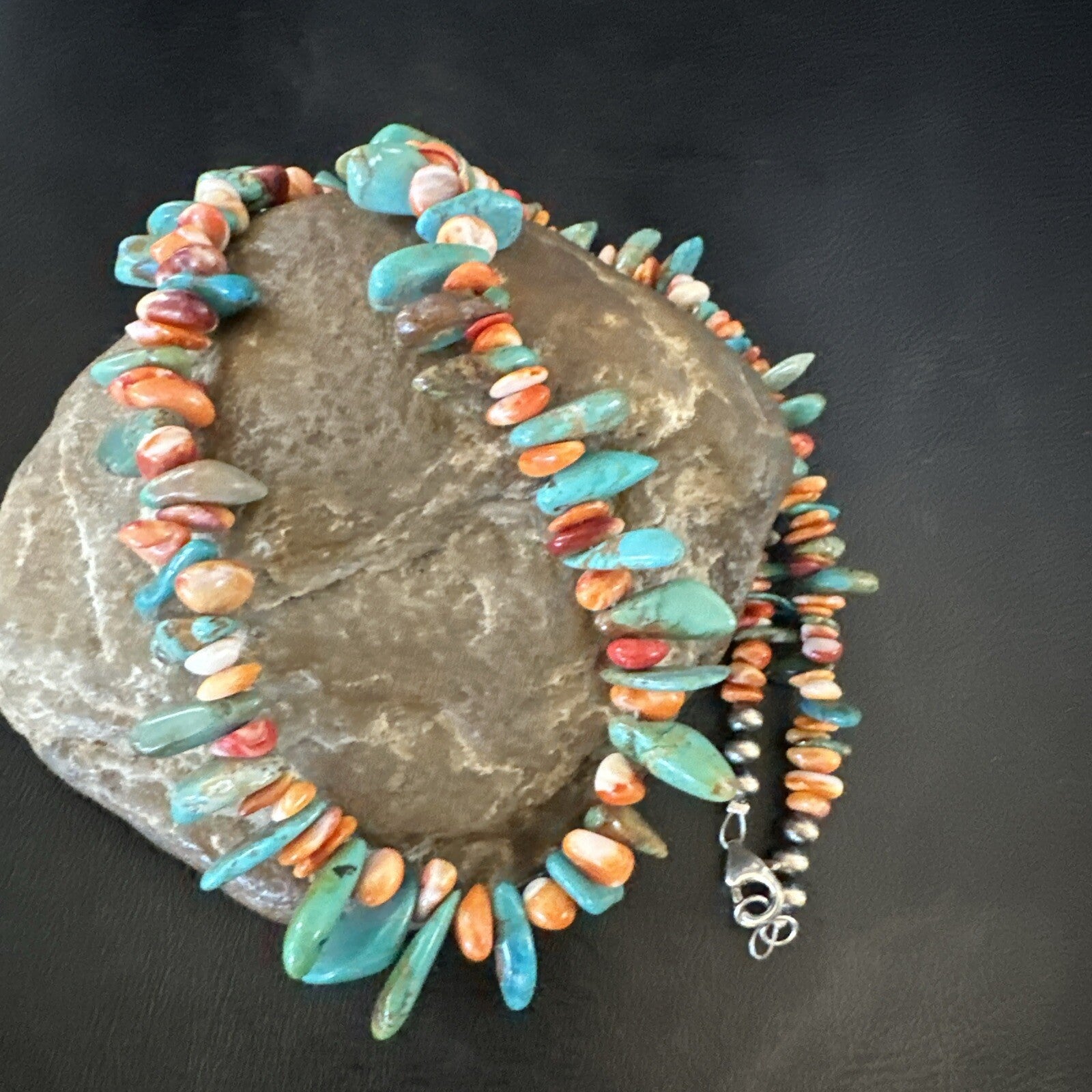Green Turquoise Spiny Oyster Nugget Sterling Silver Necklace 18" 18092