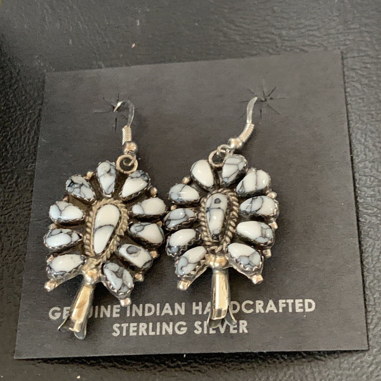 Cluster Navajo White Buffalo Turquoise Sterling Silver Dangle Earrings 12837