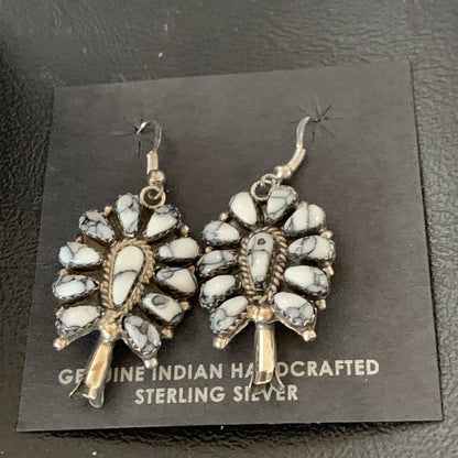 Cluster Navajo White Buffalo Turquoise Sterling Silver Dangle Earrings 12837