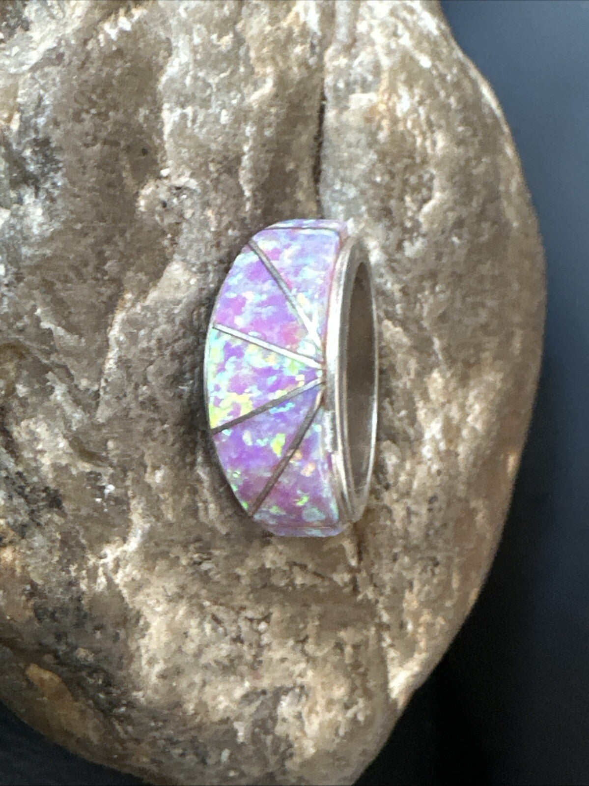 Pink Opal Navajo Sterling Silver Band Inlay Ring Size 7 18786