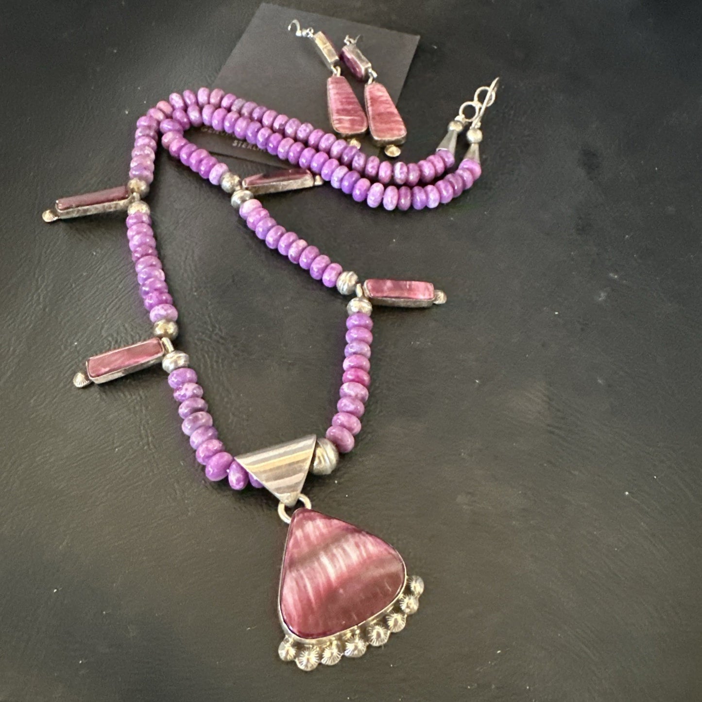 Purple Stone Spiny Oyster Sterling Silver Necklace Earrings 20” 19088 J B