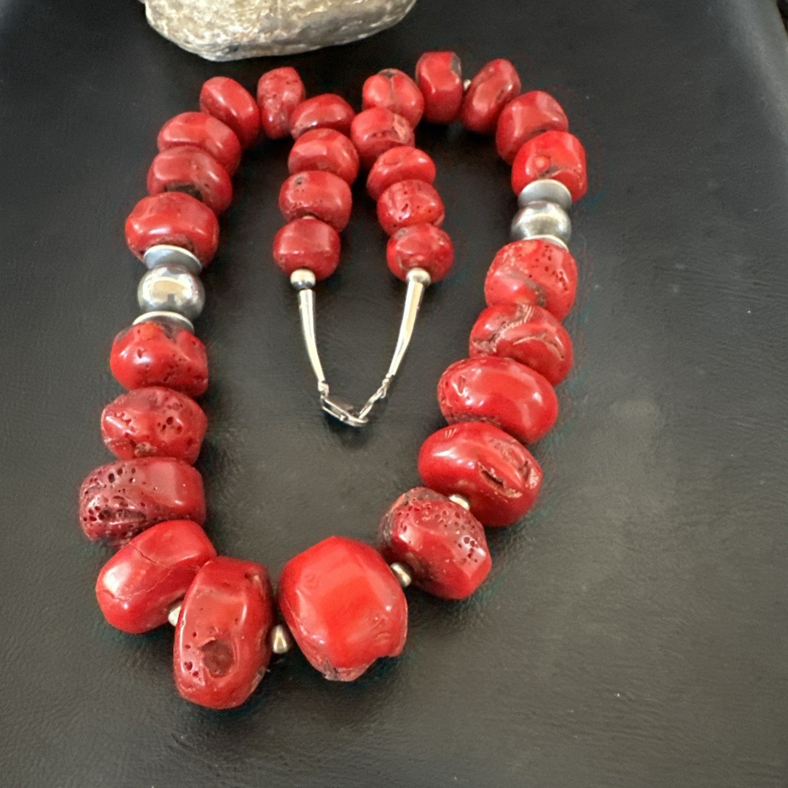 Chunky Navajo Red Bamboo Coral Sterling Silver Bead Necklace 24” Graduated 19531