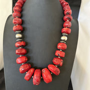 Chunky Navajo Red Bamboo Coral Bead Necklace 24"Graduated | Sterling Silver | Authentic Native American Handmade | 19530