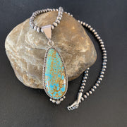 Men's Blue Turquoise #8 Pendant Navajo Pearls Necklace 13262N | Sterling Silver | Authentic Native American Handmade