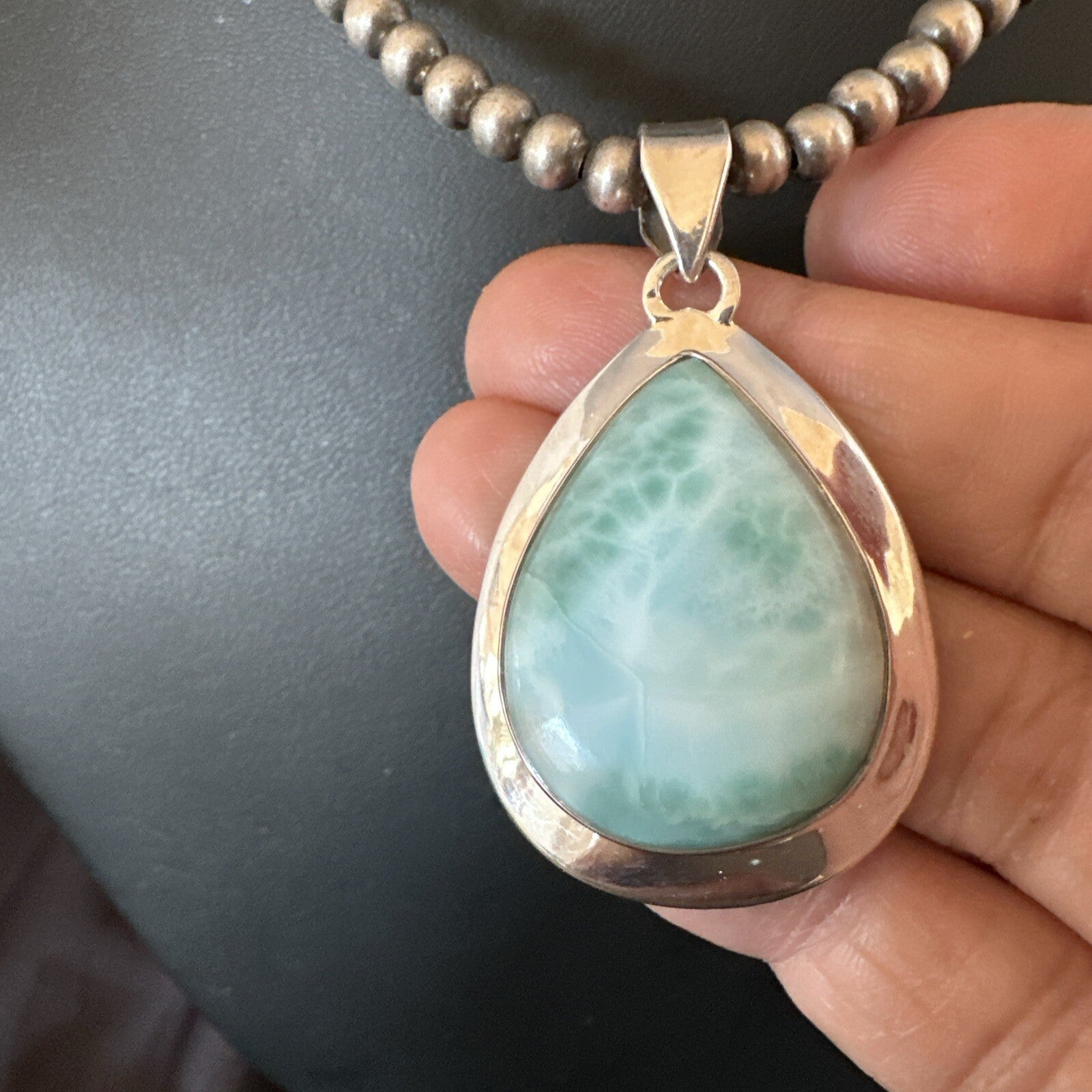 Womens Blue Larimar Pendant Navajo Sterling Silver Beads Necklace 17715